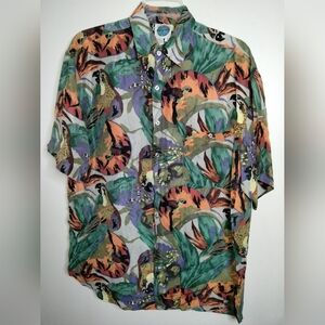 Silk-Club (Size M) Men's 100% Silk Vintage Jungle Print Button Down Casual Shirt